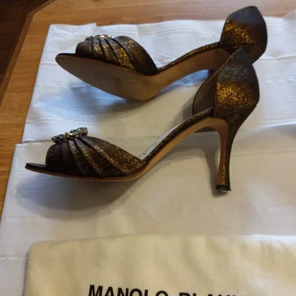 AUTH Manolo Blahnik Rhinestones & Sparkling Satin Pump Heels Shoes w Dust bag - Picture 4 of 7